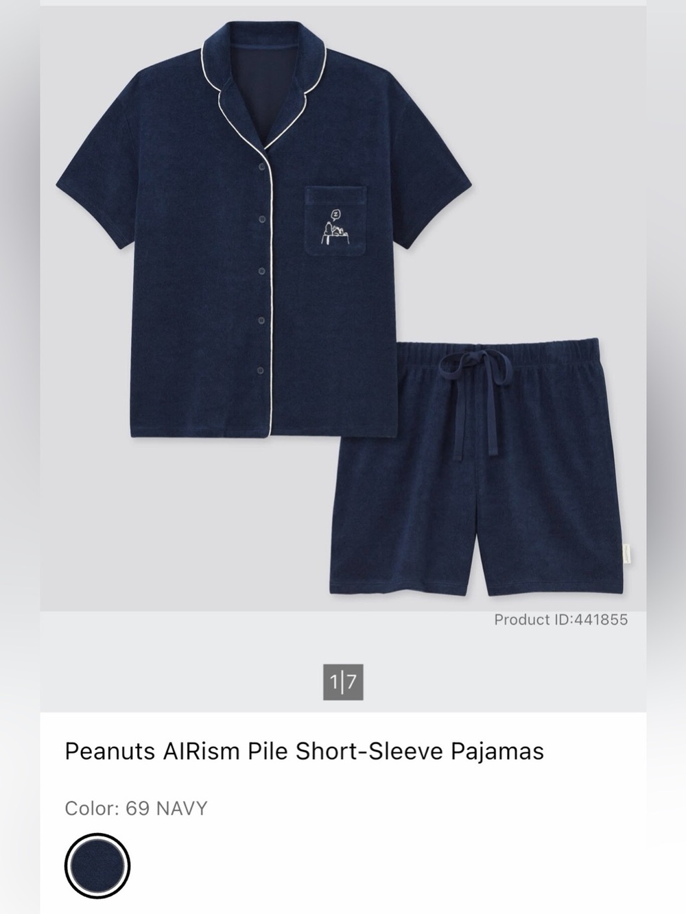 Peanuts AIRism Pile Short-Sleeve Pajamas - S - Navy